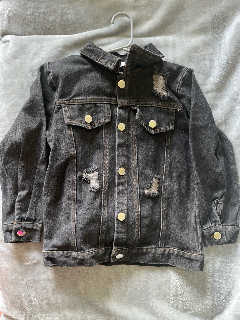 Black Distressed Denim Jacket with Gold Buttons